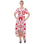 A Red And White Pattern With A Flower On It Front Wrap High Low Dress