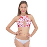 A Red And White Pattern With A Flower On It Cross Front Halter Bikini Top