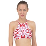 A Red And White Pattern With A Flower On It Halter Bikini Top