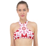 A Red And White Pattern With A Flower On It High Neck Bikini Top