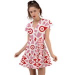 A Red And White Pattern With A Flower On It Flutter Sleeve Wrap Dress