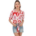 A Red And White Pattern With A Flower On It Tie Front Shirt 