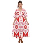 A Red And White Pattern With A Flower On It Kimono Sleeve Boho Dress