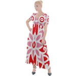 A Red And White Pattern With A Flower On It Button Up Short Sleeve Maxi Dress