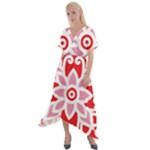 A Red And White Pattern With A Flower On It Cross Front Sharkbite Hem Maxi Dress