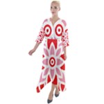 A Red And White Pattern With A Flower On It Quarter Sleeve Wrap Front Maxi Dress