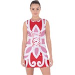 A Red And White Pattern With A Flower On It Lace Up Front Bodycon Dress