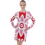 A Red And White Pattern With A Flower On It Long Sleeve Hoodie Dress