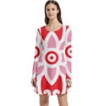 A Red And White Pattern With A Flower On It Long Sleeve Velour Skater Dress