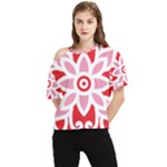 A Red And White Pattern With A Flower On It One Shoulder Cut Out T-Shirt