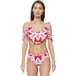 A Red And White Pattern With A Flower On It Ruffle Edge Tie Up Bikini Set	