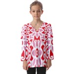 A Red And White Pattern With A Flower On It Kids  V Neck Casual Top