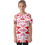 A Red And White Pattern With A Flower On It Fold Over Open Sleeve Top