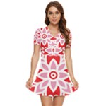 A Red And White Pattern With A Flower On It V-Neck High Waist Chiffon Mini Dress