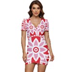 A Red And White Pattern With A Flower On It Low Cut Cap Sleeve Mini Dress