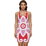 A Red And White Pattern With A Flower On It Sleeveless Wide Square Neckline Ruched Bodycon Dress