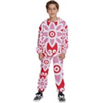 A Red And White Pattern With A Flower On It Kids  Sweatshirt set