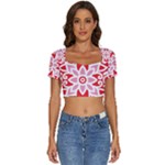 A Red And White Pattern With A Flower On It Short Sleeve Square Neckline Crop Top 