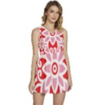 A Red And White Pattern With A Flower On It Sleeveless High Waist Mini Dress