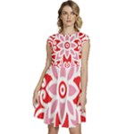 A Red And White Pattern With A Flower On It Cap Sleeve High Waist Dress