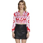 A Red And White Pattern With A Flower On It Long Sleeve Tie Back Satin Wrap Top