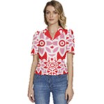 A Red And White Pattern With A Flower On It Puffed Short Sleeve Button Up Jacket