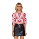 A Red And White Pattern With A Flower On It Mid Sleeve Drawstring Hem Top