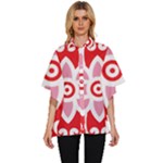 A Red And White Pattern With A Flower On It Women s Batwing Button Up Shirt