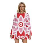 A Red And White Pattern With A Flower On It Round Neck Long Sleeve Bohemian Style Chiffon Mini Dress