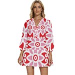 A Red And White Pattern With A Flower On It V-Neck Placket Mini Dress