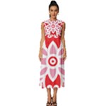 A Red And White Pattern With A Flower On It Sleeveless Round Neck Midi Dress