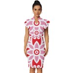 A Red And White Pattern With A Flower On It Vintage Frill Sleeve V-Neck Bodycon Dress