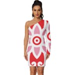 A Red And White Pattern With A Flower On It Long Sleeve One Shoulder Mini Dress