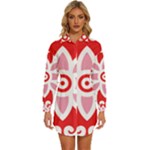 A Red And White Pattern With A Flower On It Womens Long Sleeve Shirt Dress