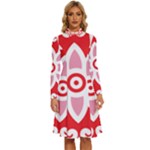 A Red And White Pattern With A Flower On It Long Sleeve Shirt Collar A-Line Dress