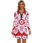 A Red And White Pattern With A Flower On It Long Sleeve Deep V Mini Dress 