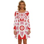 A Red And White Pattern With A Flower On It Long Sleeve Wide Neck Velvet Dress