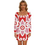 A Red And White Pattern With A Flower On It Long Sleeve Square Neck Bodycon Velvet Dress