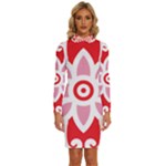 A Red And White Pattern With A Flower On It Long Sleeve Shirt Collar Bodycon Dress