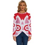 A Red And White Pattern With A Flower On It Long Sleeve Crew Neck Pullover Top