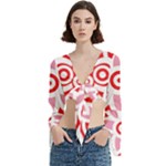 A Red And White Pattern With A Flower On It Trumpet Sleeve Cropped Top