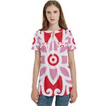 A Red And White Pattern With A Flower On It Women s Zip Front V-Neck Short Sleeve Casual Top Pocket Shirt