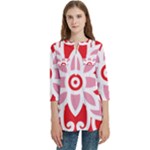 A Red And White Pattern With A Flower On It Women s Zip Front V-Neck 3/4 Sleeve Casual Top Pocket Shirt