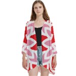 A Red And White Pattern With A Flower On It Open Front 3/4 Sleeve Batwing Chiffon Cardigan Kimono