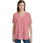 A Red And White Background With A Pattern V-Neck Split Shoulder Casual T-Shirt