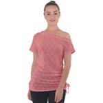 A Red And White Background With A Pattern Off Shoulder Tie-Up T-Shirt