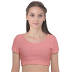 A Red And White Background With A Pattern Velvet Short Sleeve Crop Top 