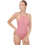 A Red And White Background With A Pattern High Neck One Piece Swimsuit