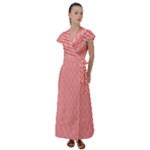 A Red And White Background With A Pattern Flutter Sleeve Maxi Dress