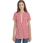 A Red And White Background With A Pattern Women s Zip Front V-Neck Short Sleeve Casual Top Pocket Shirt